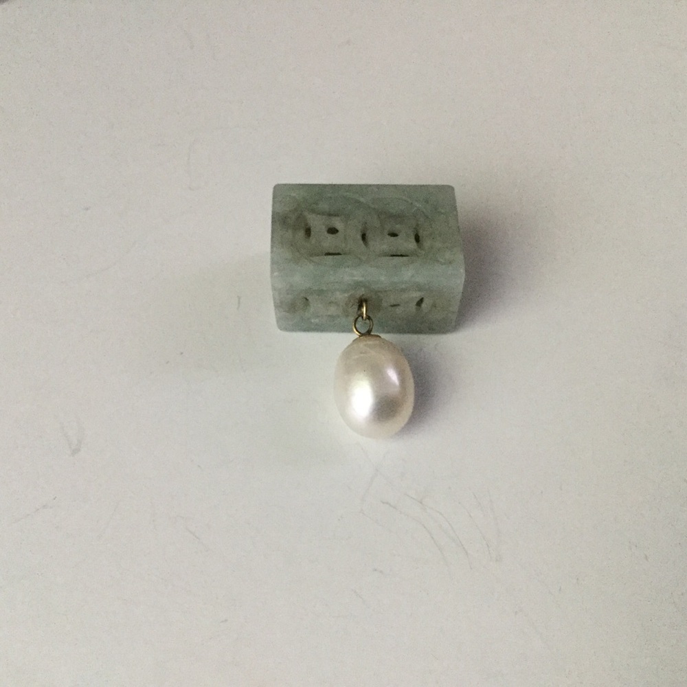 14K Real Jade & Pearl Slide Pendant Lucky Charm